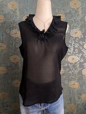 St. John Black Silk Sleeveless Blouse Ruffle Detail Size Small